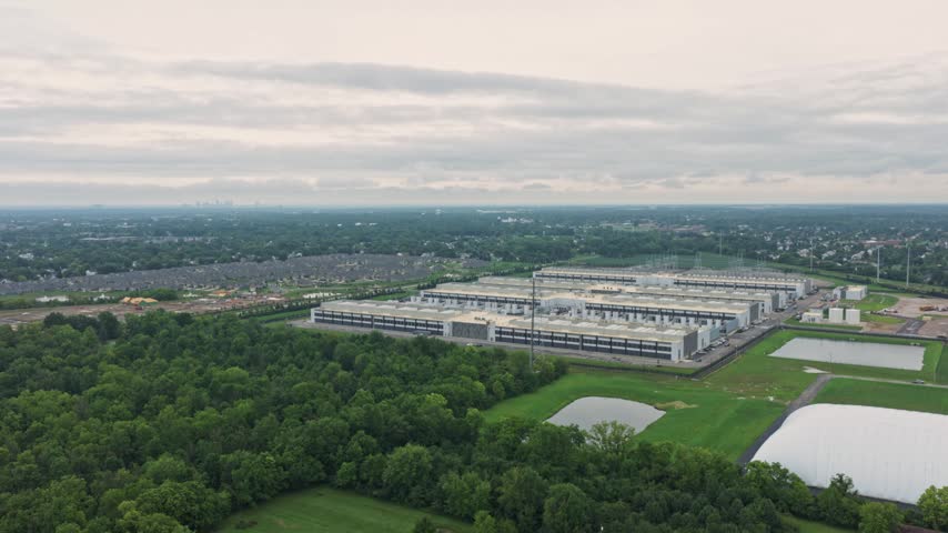 White data center campus building with power lines and huge structure holding data, artificial intelligence, and online tech storage near Columbus, OH suburban city of Hilliard, Ohio from drone aerial