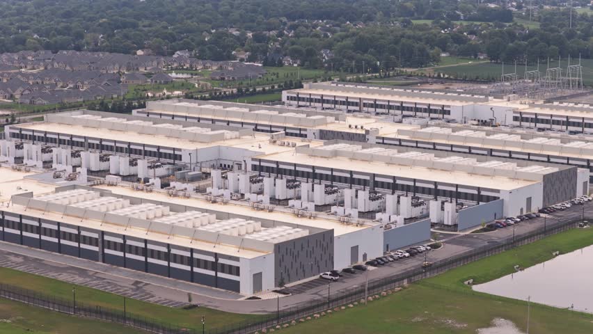 White data center campus building with power lines and huge structure holding data, artificial intelligence, and online tech storage near Columbus, OH suburban city of Hilliard, Ohio from drone aerial