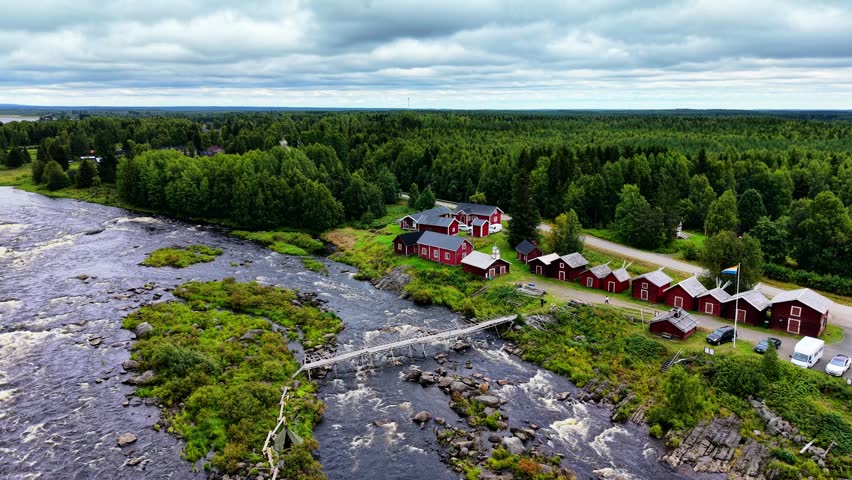 Panoramic aerial view of Kukkolankoski Rapids on the Tornionjoki (Torne River) near Tornio, Lapland region, Finland.