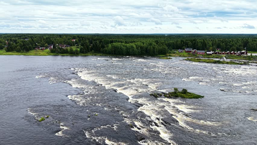 Panoramic aerial view of Kukkolankoski Rapids on the Tornionjoki (Torne River) near Tornio, Lapland region, Finland.