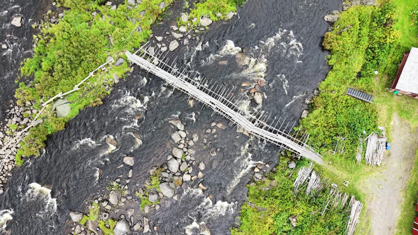 Panoramic aerial view of Kukkolankoski Rapids on the Tornionjoki (Torne River) near Tornio, Lapland region, Finland.