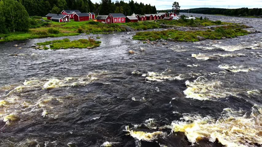 Panoramic aerial view of Kukkolankoski Rapids on the Tornionjoki (Torne River) near Tornio, Lapland region, Finland.