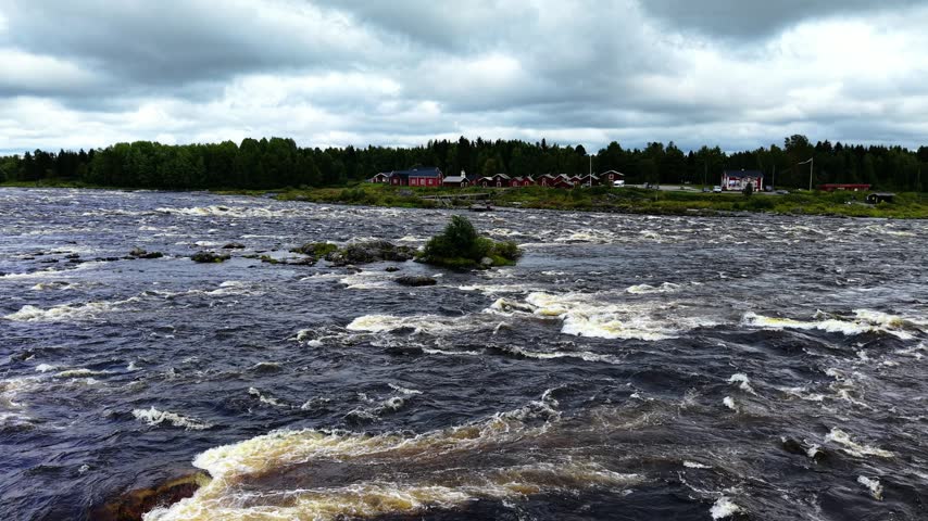 Panoramic aerial view of Kukkolankoski Rapids on the Tornionjoki (Torne River) near Tornio, Lapland region, Finland.