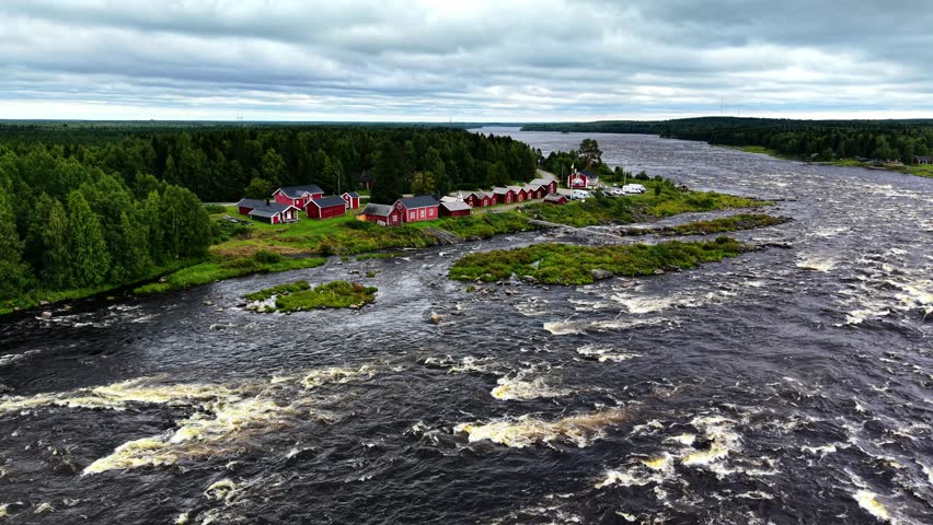 Panoramic aerial view of Kukkolankoski Rapids on the Tornionjoki (Torne River) near Tornio, Lapland region, Finland.