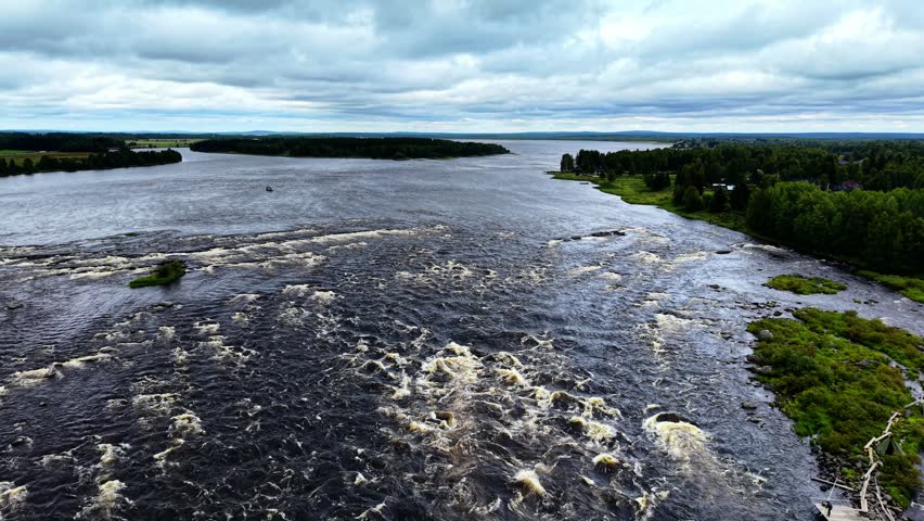 Panoramic aerial view of Kukkolankoski Rapids on the Tornionjoki (Torne River) near Tornio, Lapland region, Finland.