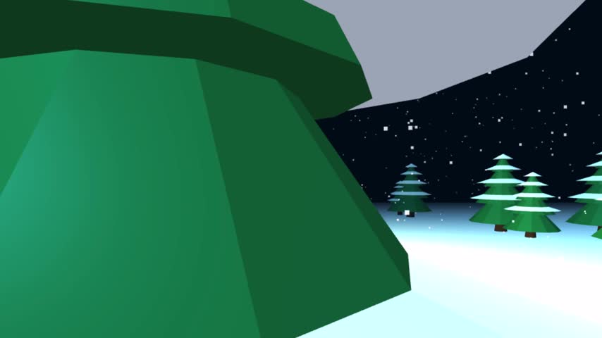 Low poly 3D Christmas tree with decorations in a snowy pine forest with falling snow animation loop
