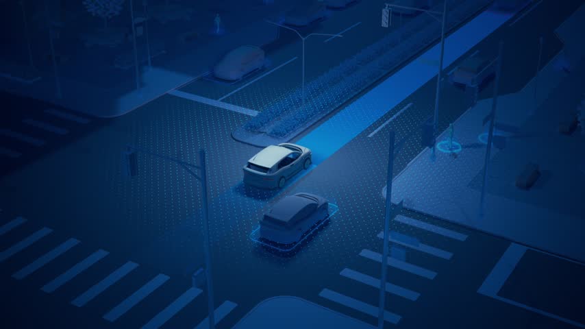 3D Animation Illustrating Technology, Radars and Sensors for Autonomous Vehicle. Fully Autonomous AI-Powered Self-Driving Taxi. Driverless Car Driving Through City Streets with Radars and Sensors.