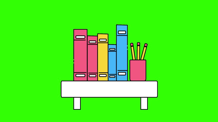 Animated illustration of colorful books lined up on a shelf with a pencil holder and sparkle effects, isolated on a green screen background. Great for education, school, library, reading, and back to school themed video projects. Easy to key out and overlay on any background.