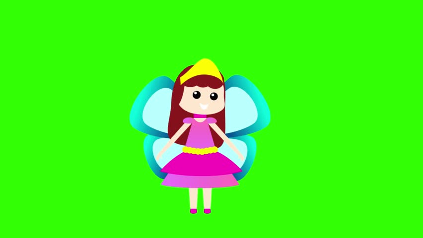 Animated cute fairy girl wearing a pink dress with colorful butterfly-style wings on a bright green chroma key background. Suitable for fantasy, kids content, fairy tales, magical stories, children’s animation and motion graphics projects.