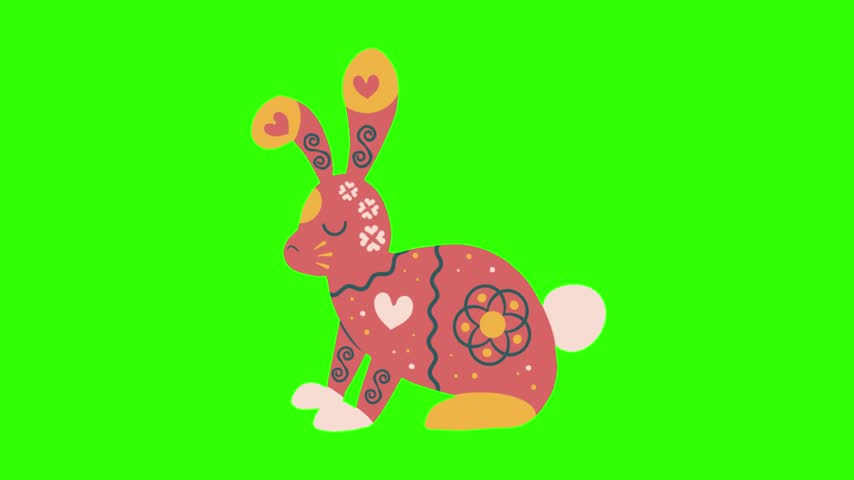 Animated decorative Easter bunny featuring colorful floral, heart and folk-style patterns on a bright green chroma key background. Suitable for Easter celebration, spring holiday, festive greeting, seasonal decoration, kids content and motion graphics projects.
