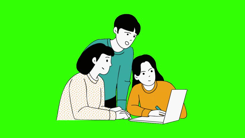 Animated illustration of three people collaborating and working together on a laptop on a bright green chroma key background. Suitable for teamwork, office collaboration, remote work, online learning, business, education and communication projects.