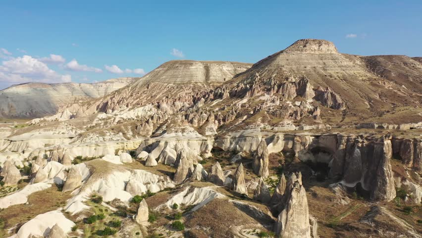 Panoramic aerial drone view of white rock formations, conical fairy chimneys, and flat-topped tuff mountains in Rose Valley, Cappadocia, Nevsehir, Turkey under a clear blue sky.