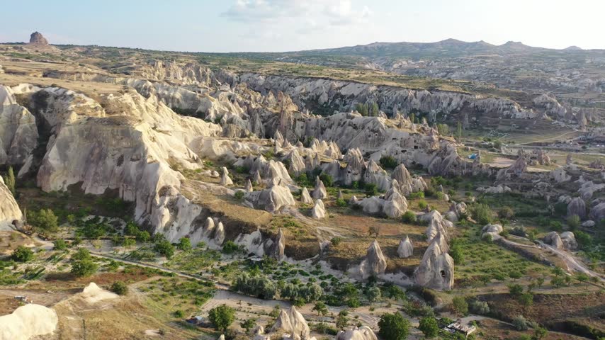 Panoramic aerial drone view of white rock formations, conical fairy chimneys, and flat-topped tuff mountains in Rose Valley, Cappadocia, Nevsehir, Turkey under a clear blue sky.