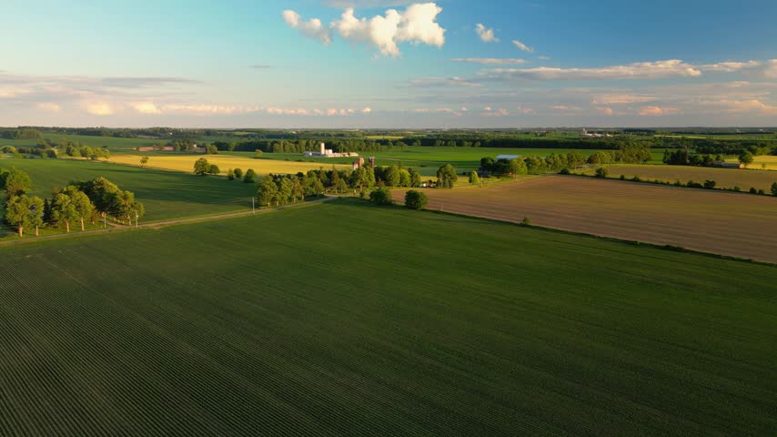 Rural agriculture farmland with farm and crops during sunset in Ontario, Canada