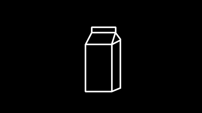 Animated white outline of a milk carton pouring a drop of milk, isolated on a black background. Minimalist line art.