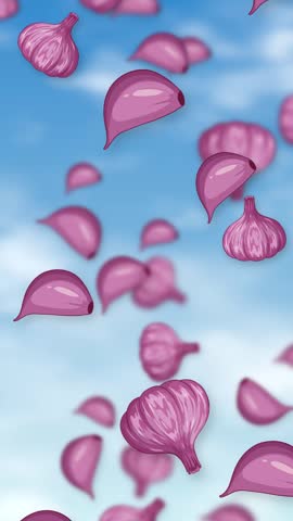 Stylized red garlic bulbs and cloves fall continuously against a bright blue cloudy sky background.