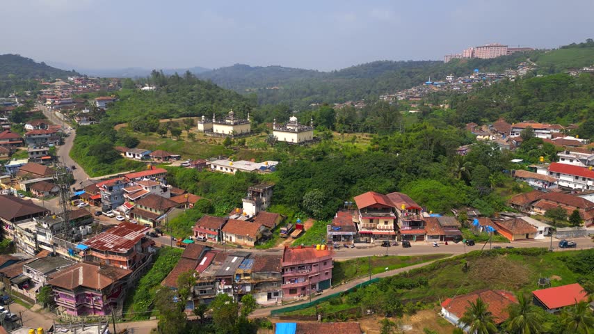 Aerial view of the Gaddige Rajas tombs, an Islamic style mausoleum, in Madikeri, India