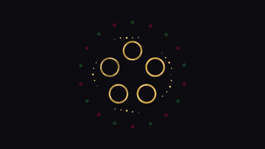 This video features three identical sets of gold circular rings rotating in synchronized patterns against a clean black background accented by small red