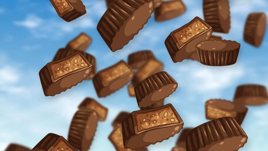 Cartoon chocolate peanut butter cups and candy bars fall through a bright blue cloudy sky.