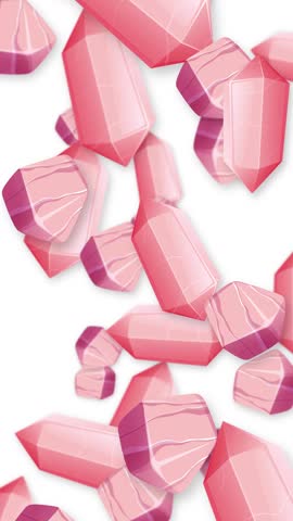 Stylized pink quartz crystals fall vertically in a continuous loop over a plain white background.