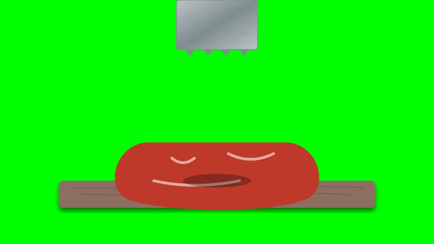 A simple animation showing a red cartoon meat patty being pressed down on a grill with a metal spatula on a green screen background.