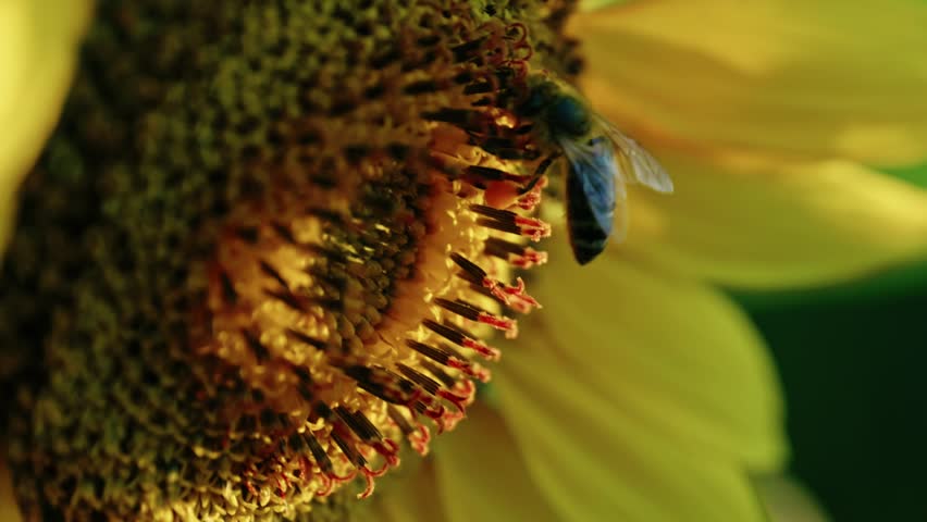Macro close-up of a honeybee pollinating a blooming sunflower head, collecting nectar and pollen in warm golden sunlight.