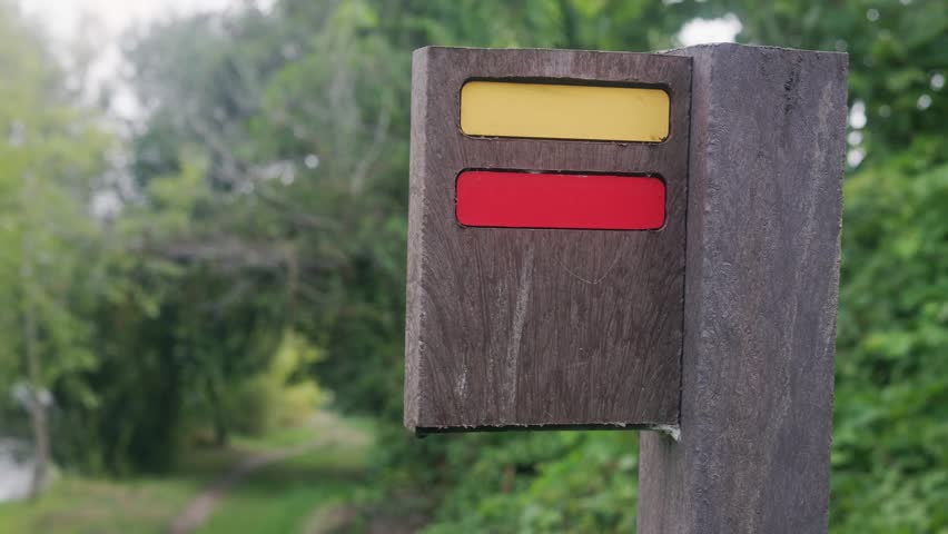 Wooden trail marker with yellow and red painted stripes
