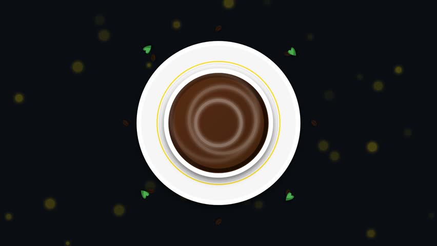 Top view vector illustration of coffee cup with heart latte art and floating petals on dark background