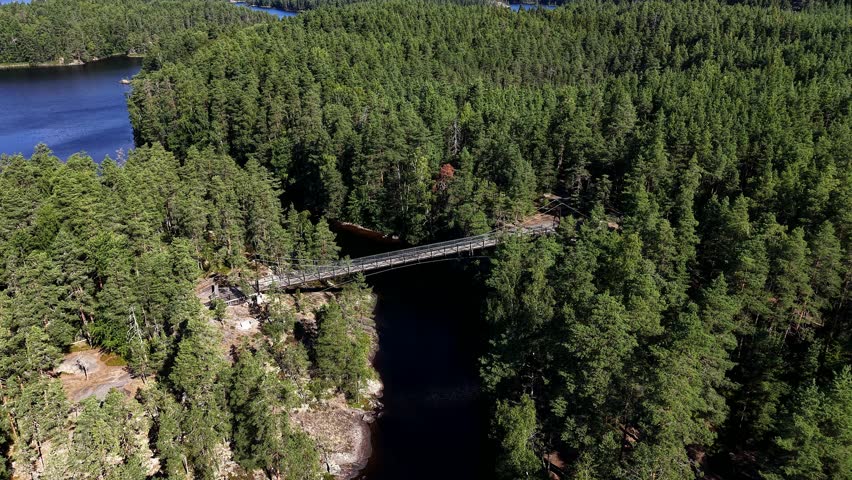 Aerial view of Lapinsalmi pedestrian bridge crossing Kapiavesi strait over evergreen pine forest in Repovesi National Park, Kouvola, Finland.