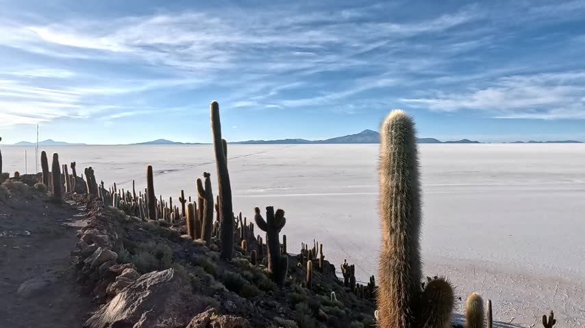 Magnificent panoramic view of the vast, white salar de uyuni salt flats from incahuasi island, populated by giant trichocereus cacti. Uyuni salt flats, bolivia