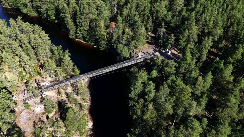 Aerial view of Lapinsalmi pedestrian bridge crossing Kapiavesi strait over evergreen pine forest in Repovesi National Park, Kouvola, Finland.