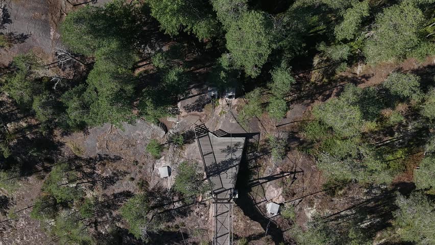 Aerial view of Lapinsalmi pedestrian bridge crossing Kapiavesi strait over evergreen pine forest in Repovesi National Park, Kouvola, Finland.
