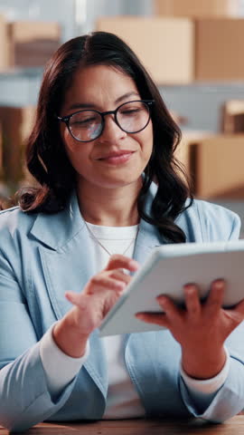 Tablet, woman and face of logistics worker in office with confidence for cargo service or distribution. Digital technology, happy and portrait of supply chain manager with pride for about us.