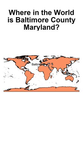 Animated map video starting with a world view and slowly zooming into Baltimore County, Maryland, with the county highlighted to show its location within the United States.