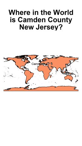 Animated map video starting with a world view and slowly zooming into Camden County, New Jersey, with the county highlighted to show its location within the United States.