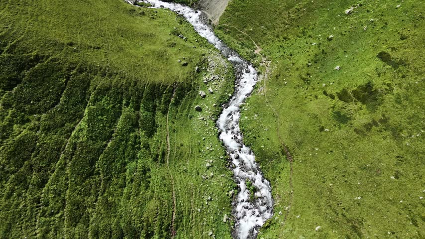 Top-down aerial view of a fast flowing mountain river cutting through green alpine meadows