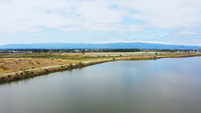 Aerial view of calm waterways winding through a coastal wetland, with green marsh vegetation and a blue bay on the horizon under a clear summer sky