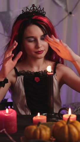 Cute Little Girl In A Halloween Witch Wig Playing With Candles And Fortune Telling While Casting Spells, Vertical Video