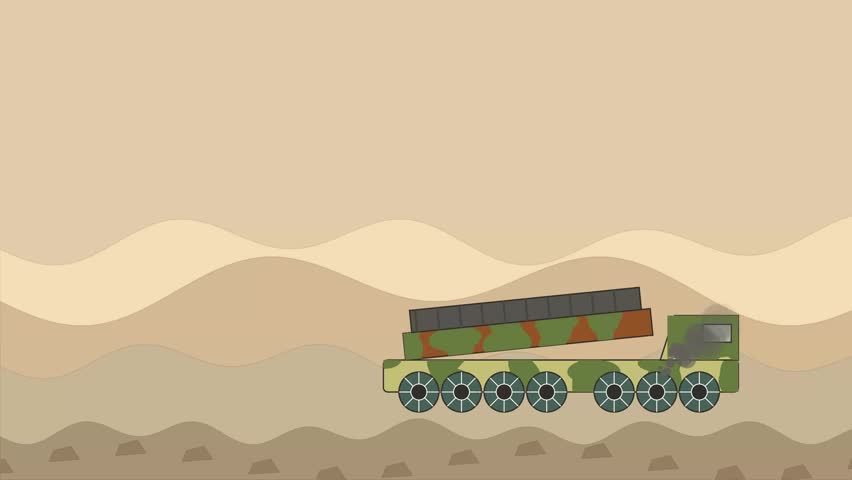 Military missile launcher truck driving across desert landscape