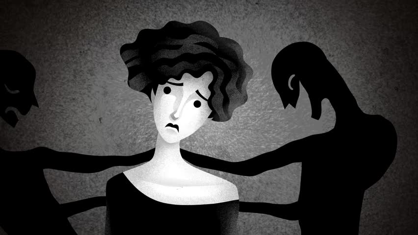 woman experiencing extreme emotional swings, pulled between shadows representing happiness and depression