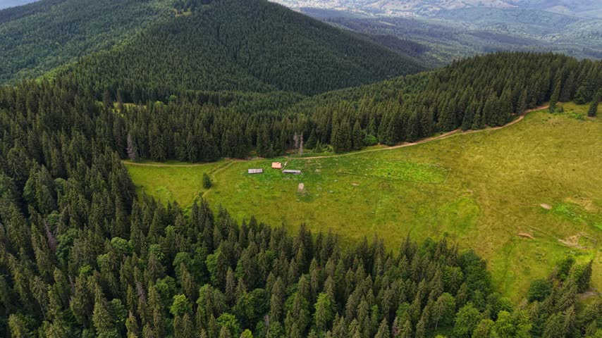 Drones capture the vast landscape of Carpathians in Ukraine showing trees meadows and mountains. Nature thrives in these wild areas while wood cabins stand peacefully.