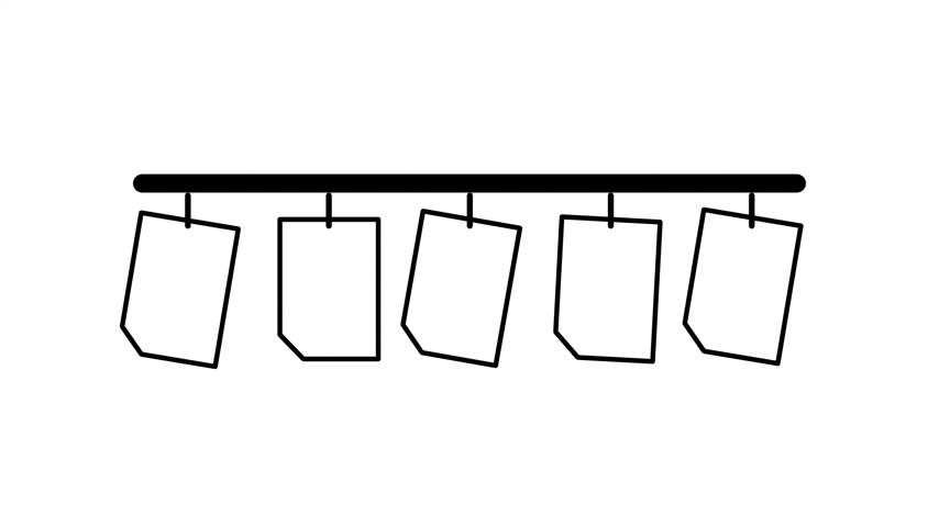 A row of five hanging price tag icons is suspended evenly from a horizontal line and displayed centered neatly on a plain white background image photo