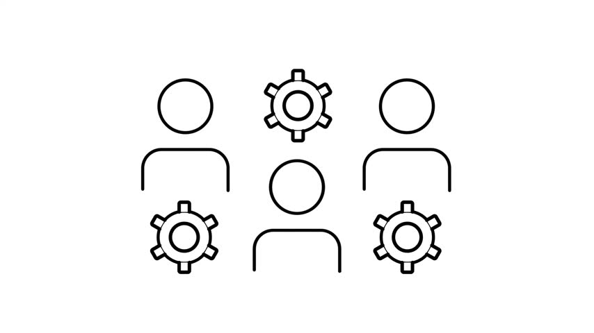 A team collaboration icon shows three people alternating with gear symbols arranged in a grid to represent teamwork on a plain white background image