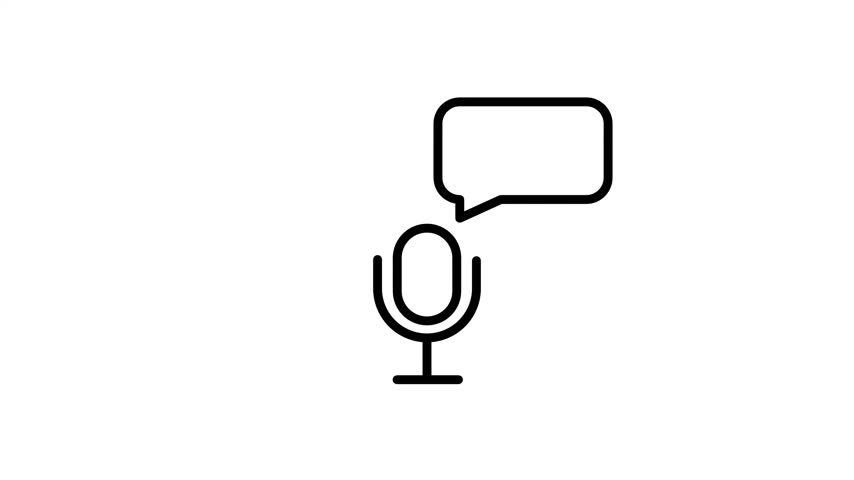 A microphone icon is paired beside a blank speech bubble to represent spoken dialogue and conversation displayed on a plain white background image