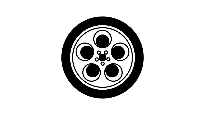 A black and white wheel icon styled like a classic film reel features six evenly spaced circular holes displayed centered on a white background image
