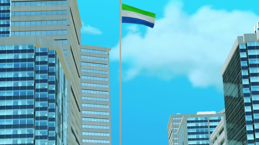Sierra Leone Flag with Urban Architecture and Clear Blue Sky