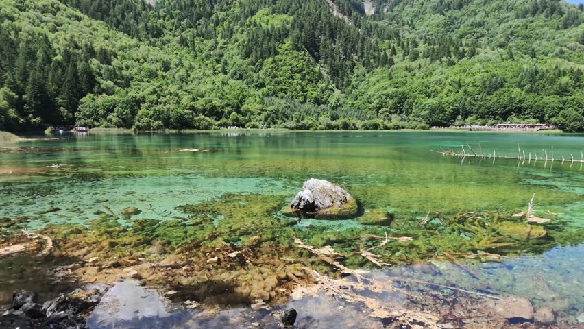 Jiuzhaigou 4K Crystal Clear Turquoise Lake with Green Forest Reflections, Sichuan, China