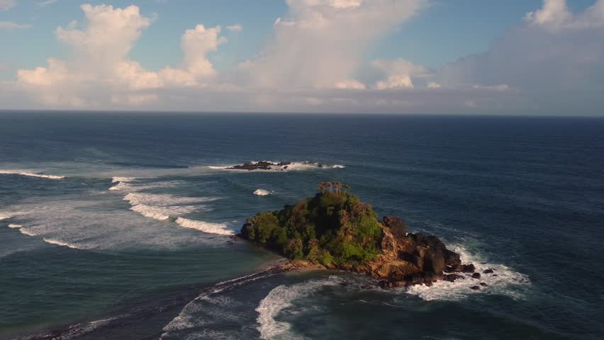 Epic Cinematic Sion Rock Island Above the Turquoise Indian Ocean — Breathtaking Aerial Drone View of Sri Lanka’s Southern Coast in 4K