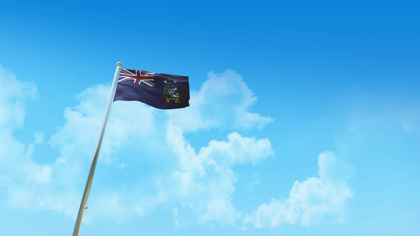 South Georgia and the South Sandwich Islands Flag on Pole, Blue Sky and Clouds - Low Angle View
