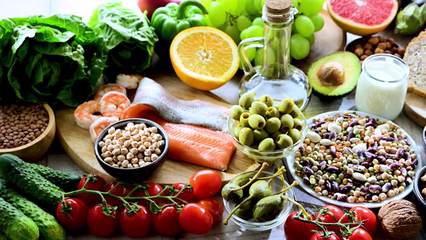 Food products representing the Mediterranean diet.